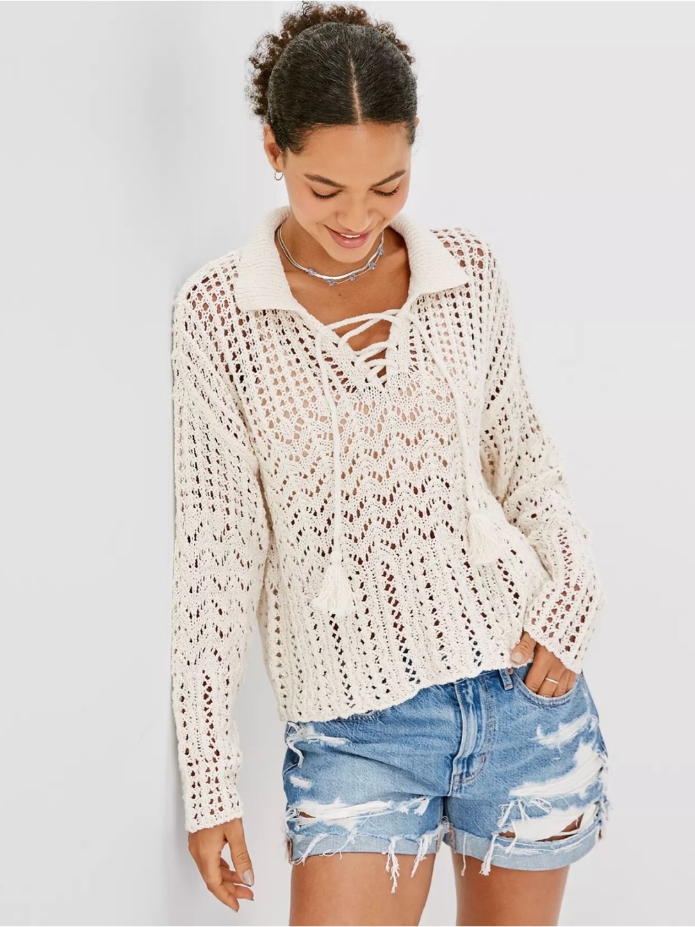 AMERICAN EAGLE CROCHET POLO SWEATER IN CREAM